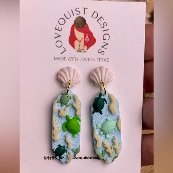 Handmade Seashell Turtle Glow Clay Dangle Earrings - Picture 7 of 9